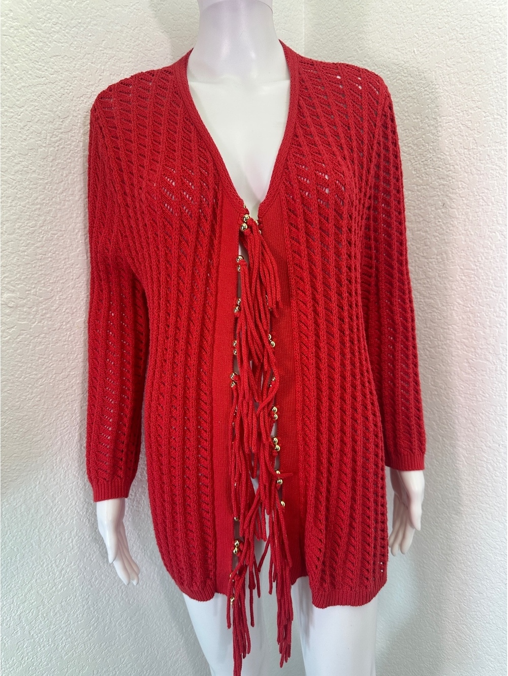 VTG Women’s Sz M Samantha Grey Red Open Front Knit Sweater Fringe Gold Beads